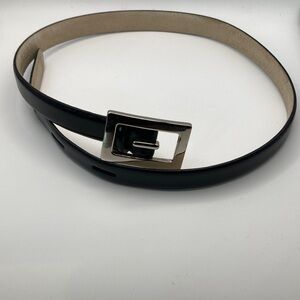 90s Minimalist Black Leather Belt Unique Center-Slot Rectangular Plaque Buckle S